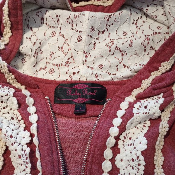 Modcloth Ruby Rose Lace Zip-Up Hoodie in Rose Red/Pink, Size S, Pre-Owned - Picture 6 of 6